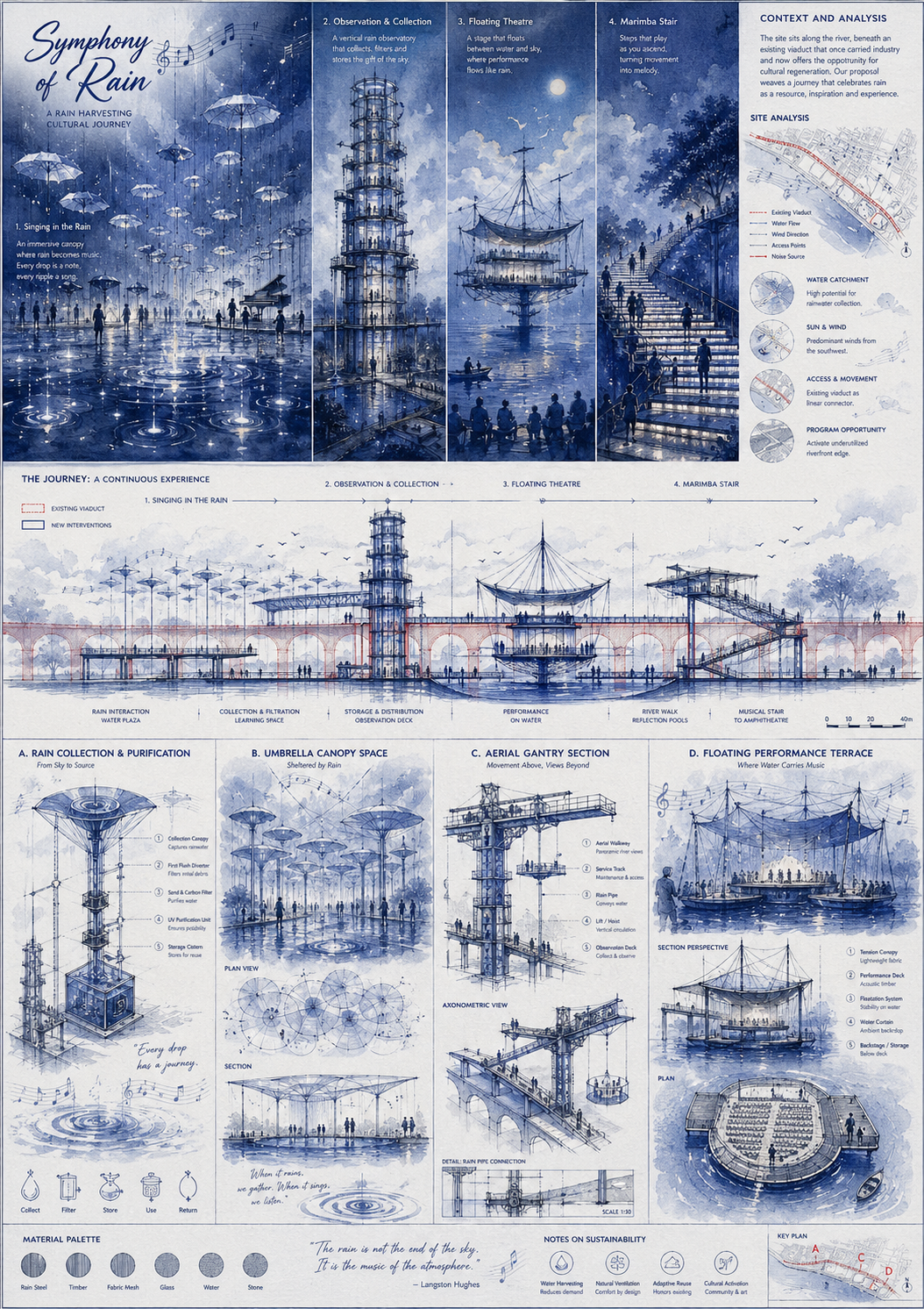 A complex, multi-panel architectural presentation board laid out in a grid, fea… AI image prompt result
