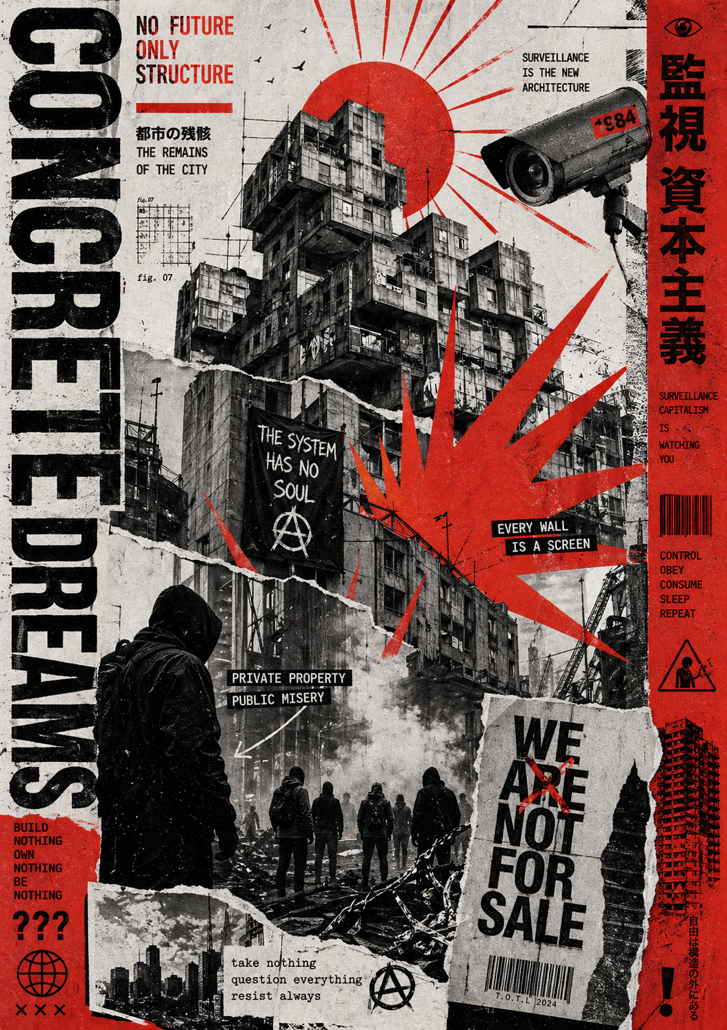 A high-contrast mixed-media digital collage with a raw, punk-zine aesthetic, fe… AI image prompt example