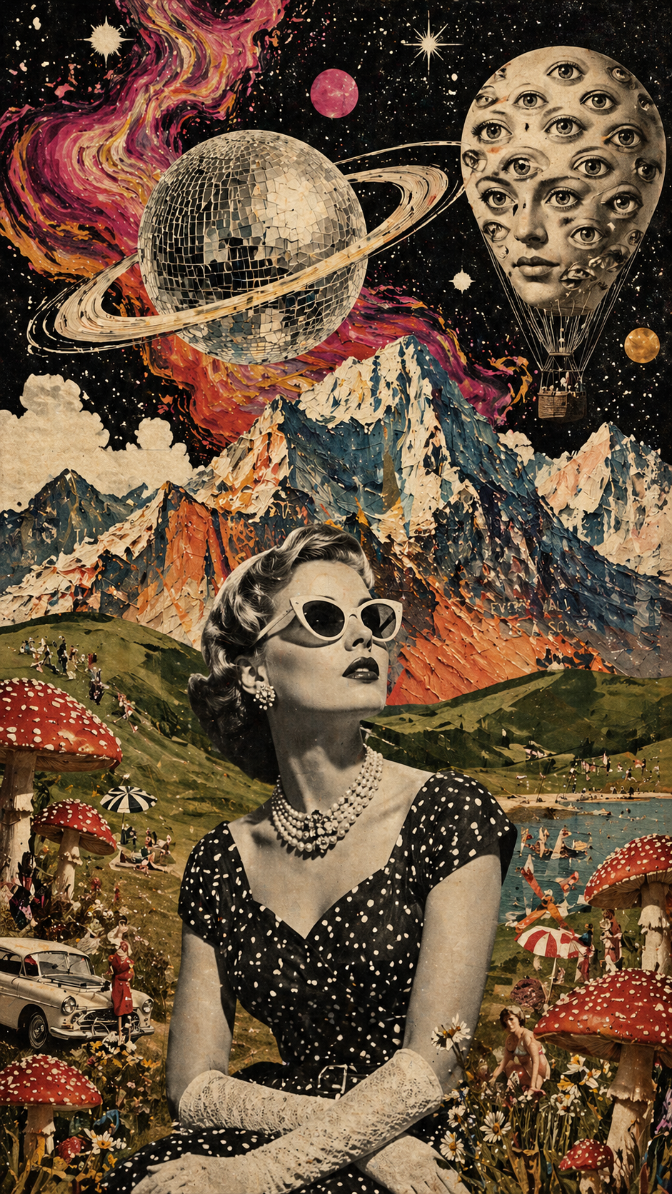 A surrealist vintage mixed-media collage with a whimsical and psychedelic [MOOD… AI image prompt example