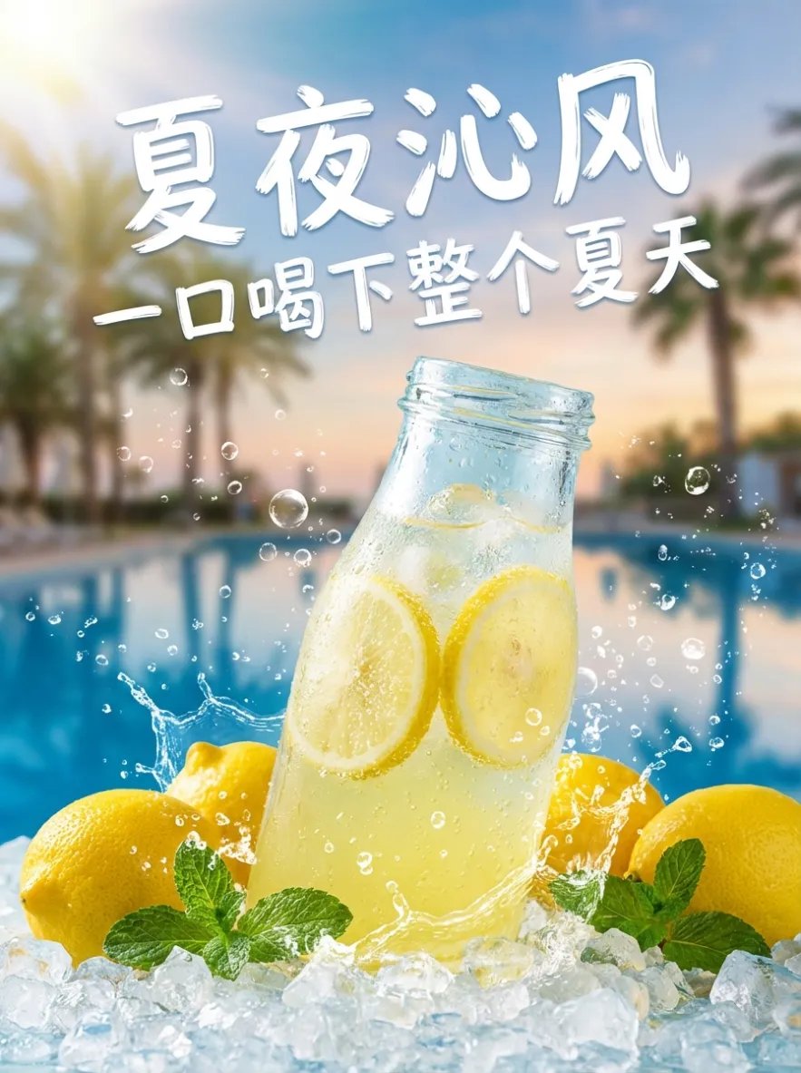 夏夜凉风柠檬气泡水电商主图设计 AI image prompt result