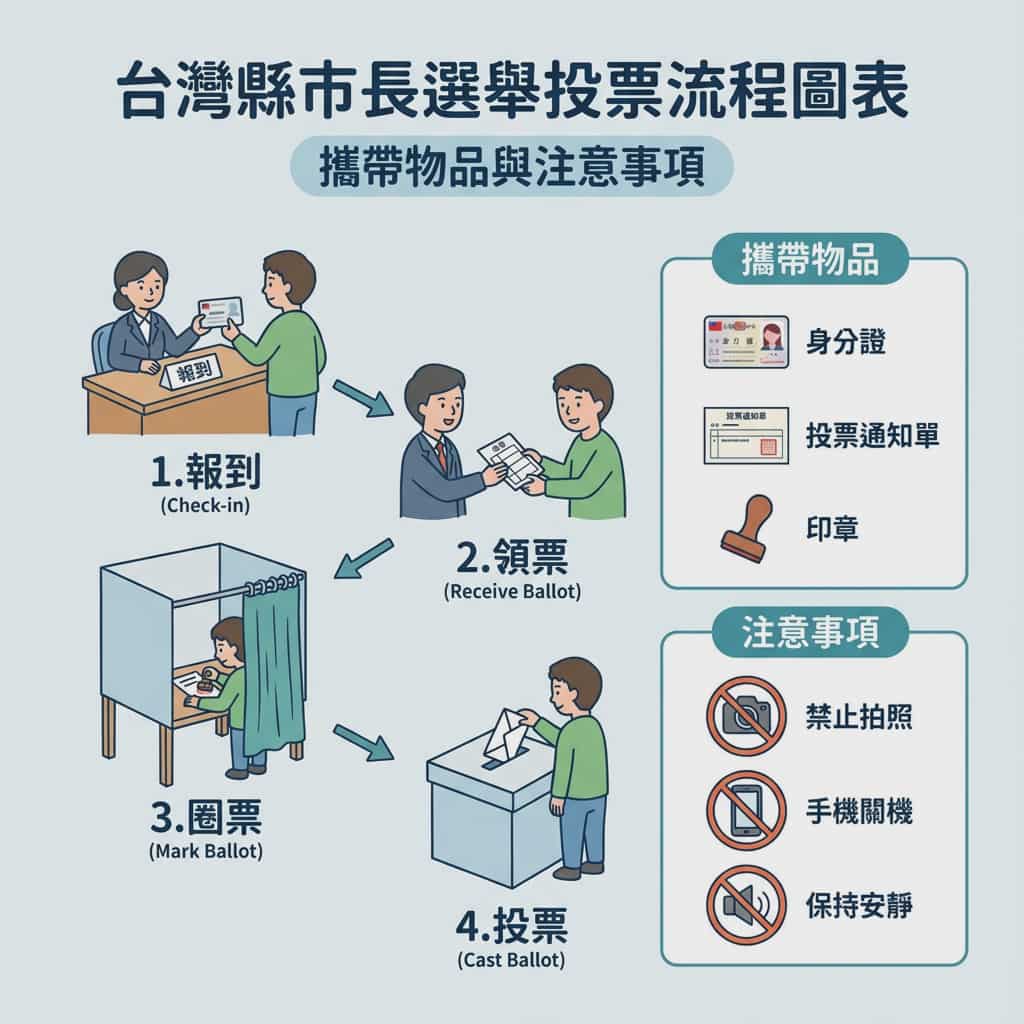 插画风格台湾县市市长选举投票指南流程图解 AI image prompt example