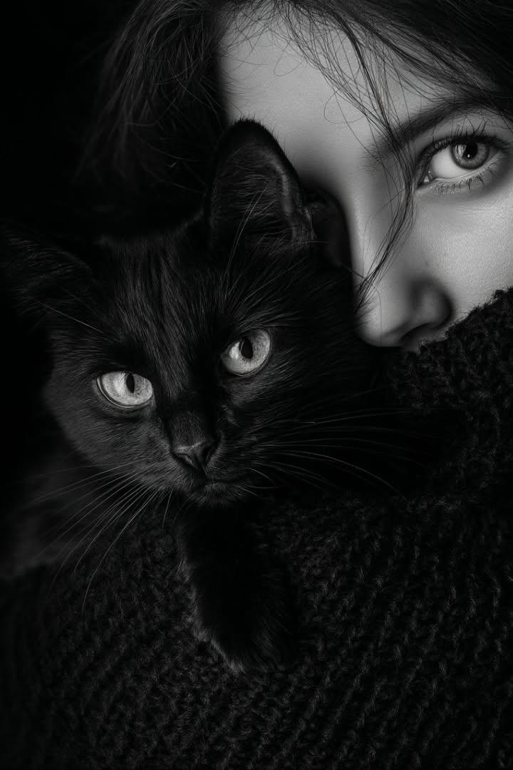 极致黑白光影下的女子与黑猫 AI image prompt result