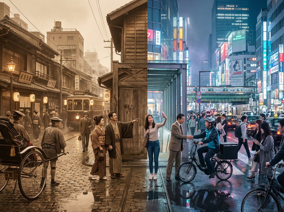 穿越百年的东京街头时空对话 AI image prompt example