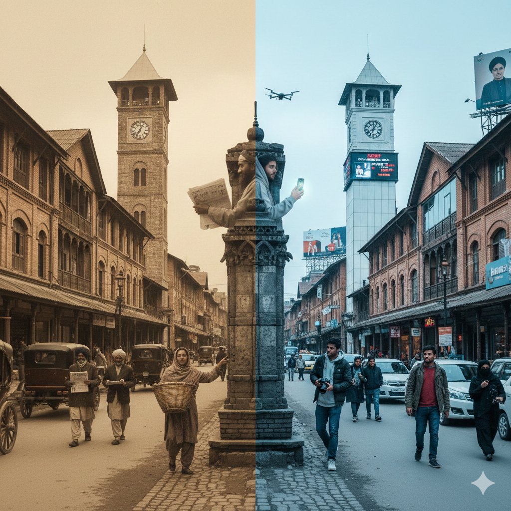 克什米尔百年时空交错：拉尔广场的跨时代对话 AI image prompt example