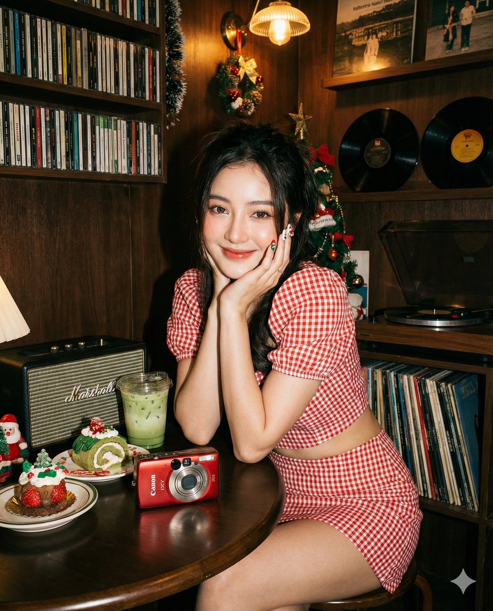 复古唱片店里的直闪 Y2K 甜美少女 AI image prompt example
