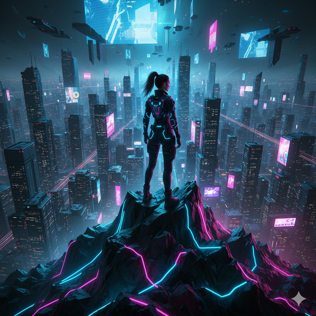 伫立赛博之巅俯瞰璀璨霓虹世界的少女 AI image prompt example