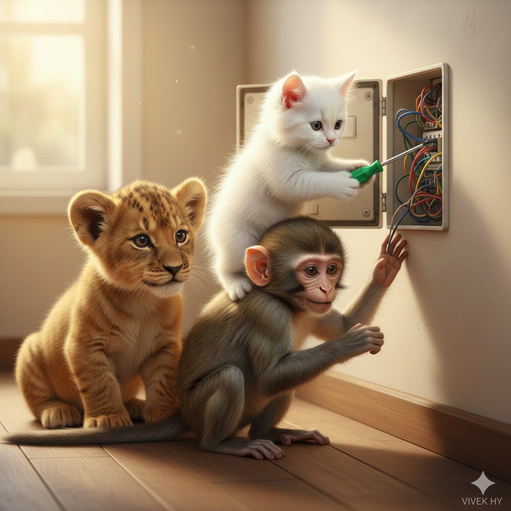 小猫踩猴肩专注修电路的滑稽团队合作 AI image prompt result