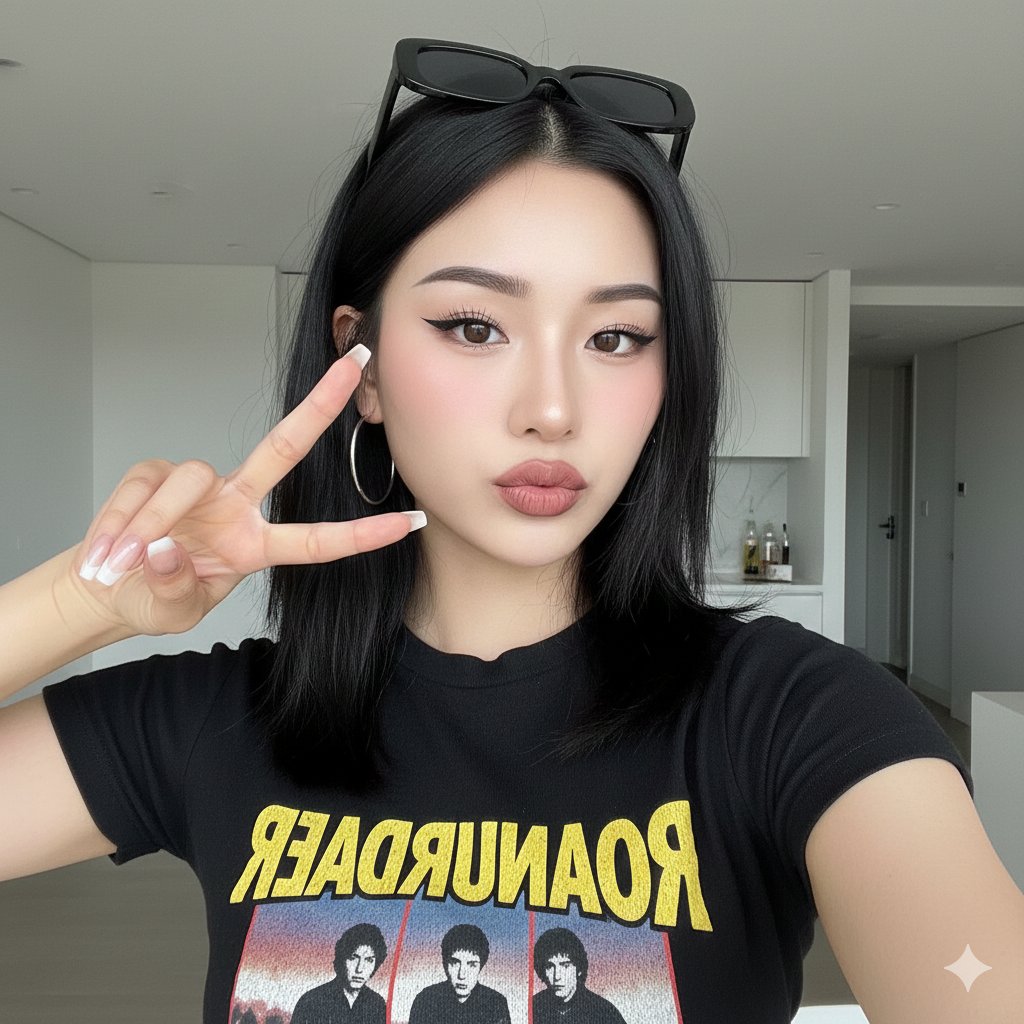 韩系混血甜酷女孩居家对镜比耶特写 AI image prompt result
