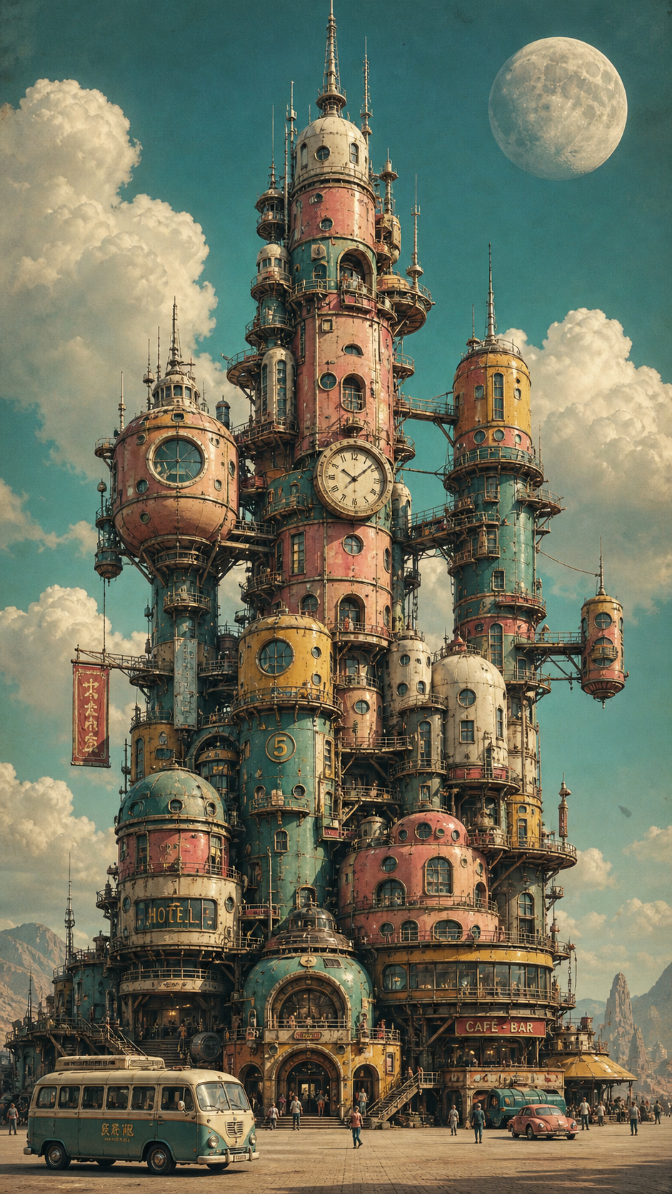 A detailed, whimsical, retro-futuristic digital illustration of a towering, mul… AI image prompt example