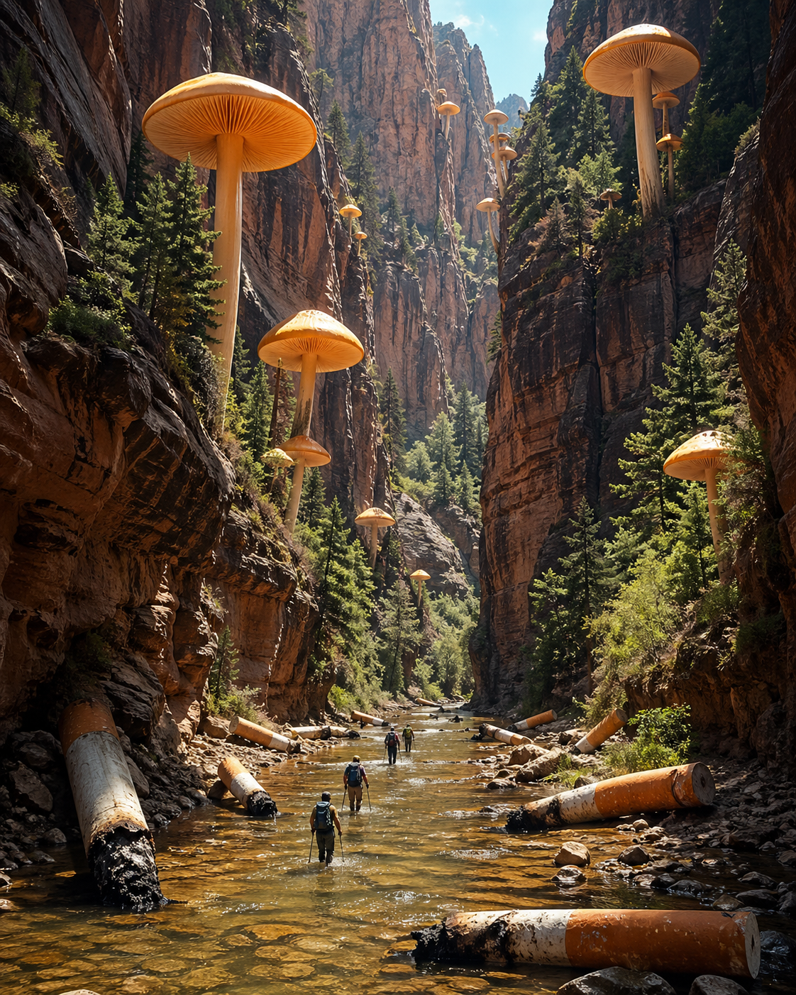 A photorealistic surrealist digital composite, capturing a deep, narrow canyon … AI image prompt example