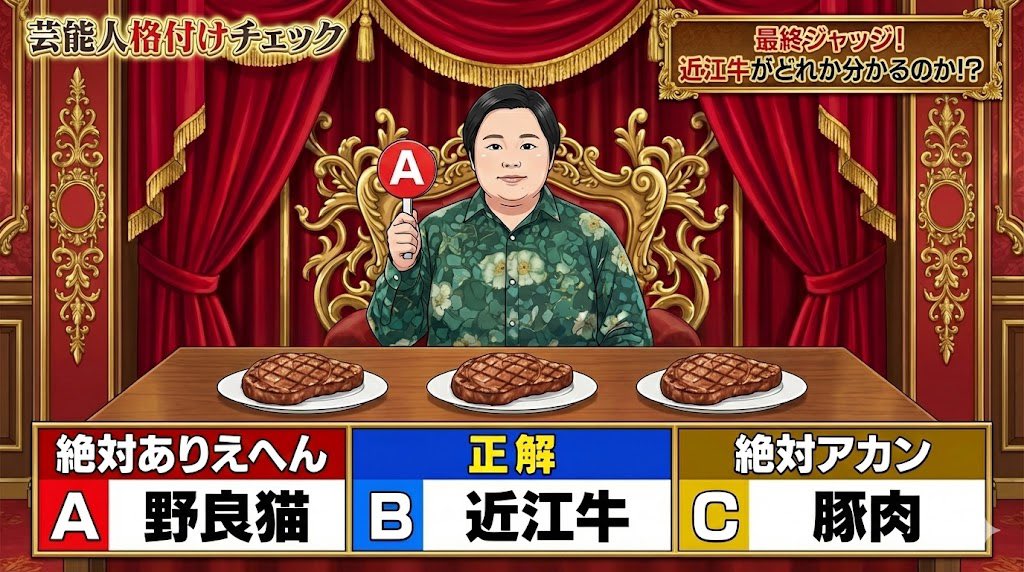 日漫风综艺截图奢华演播厅鉴别顶级牛肉 AI image prompt result