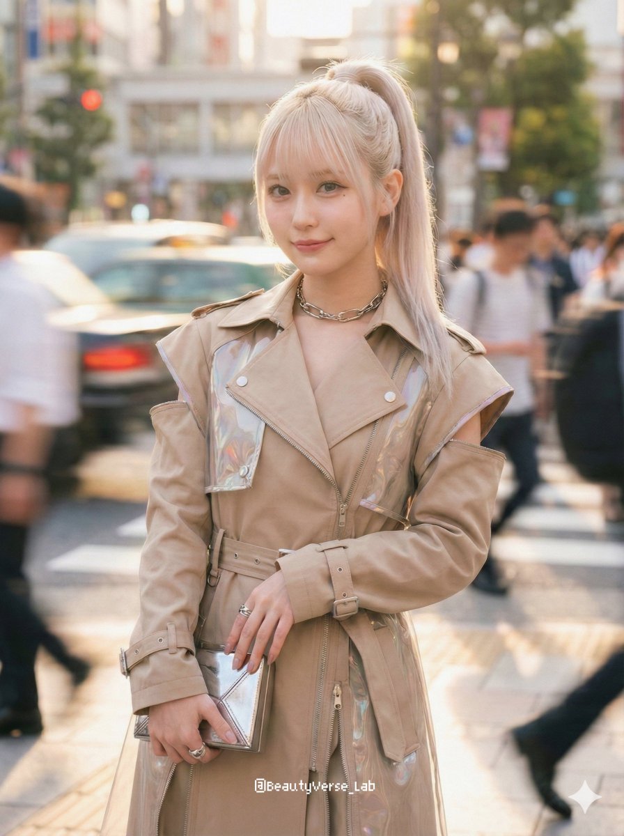 喧嚣都市流光中的日系前卫时尚少女 AI image prompt example