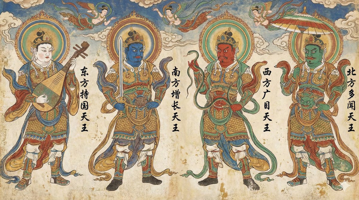 敦煌遗韵:威严赫赫的四大天王全景图 AI image prompt example