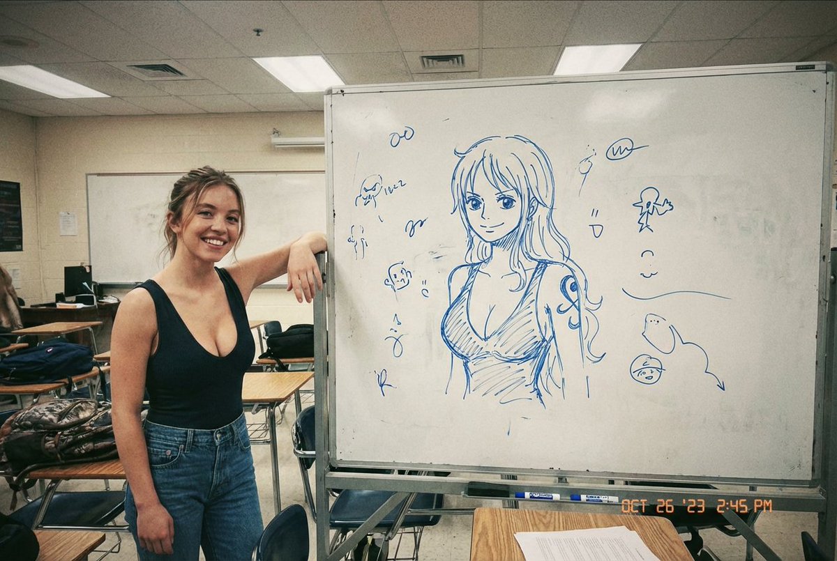 教室随手拍西德妮斯威尼展示白板娜美素描 AI image prompt result