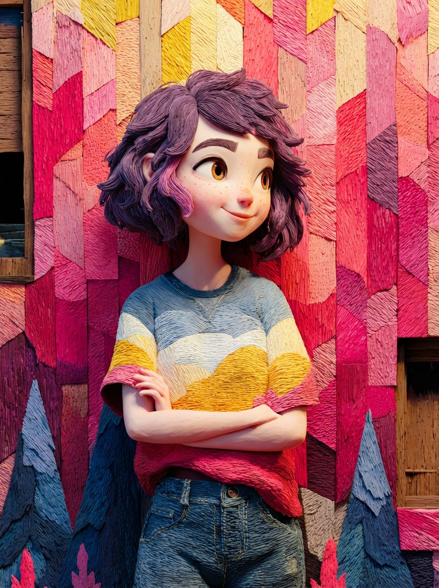 皮克斯风格色彩斑斓木墙前的治愈少女 AI image prompt example