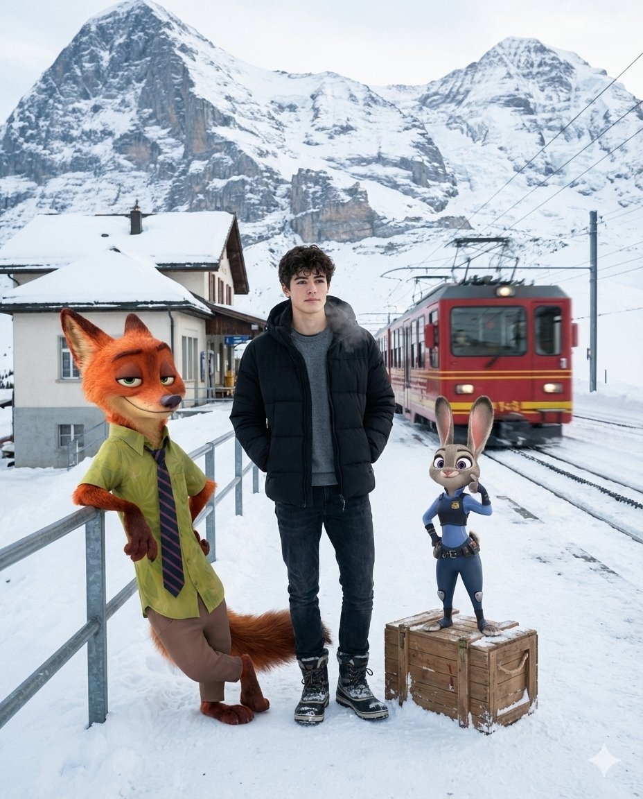 疯狂动物城搭档与真人的阿尔卑斯雪站之旅 AI image prompt result