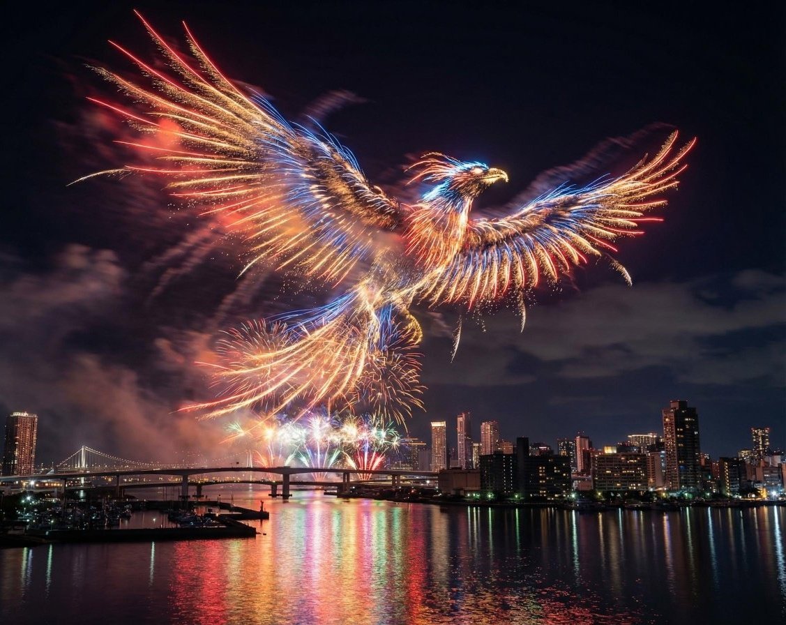 绚丽定制烟火映照海滨城市璀璨夜景 AI image prompt example