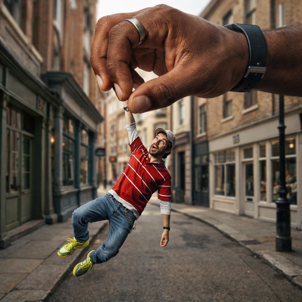 超现实街头错位：指尖上的微观奇遇 AI image prompt example