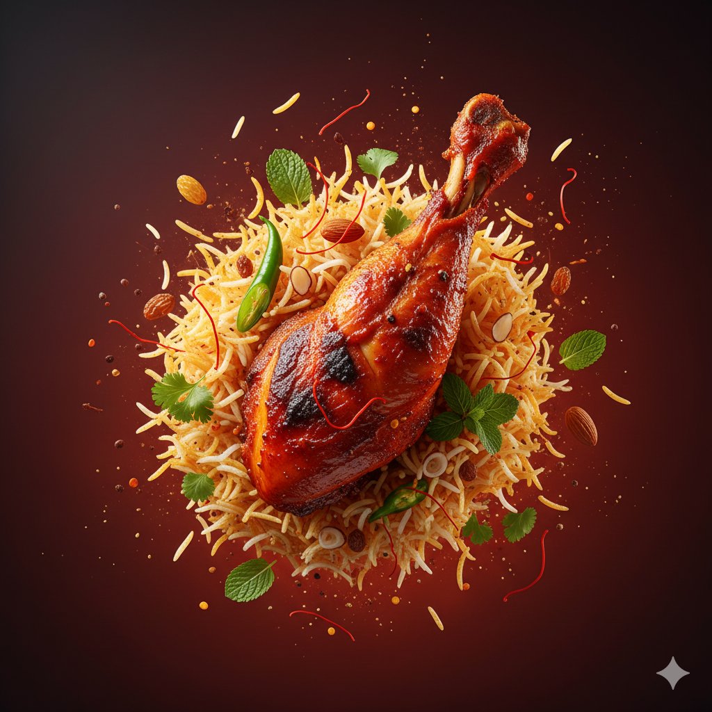 悬浮爆炸视觉的香辣鸡肉印度香饭 AI image prompt example