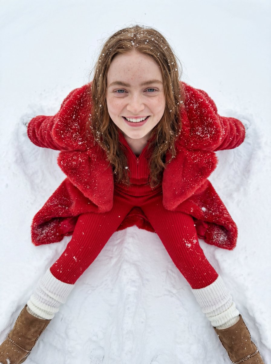雪地红衣少女灿烂笑容超写实微距摄影 AI image prompt result