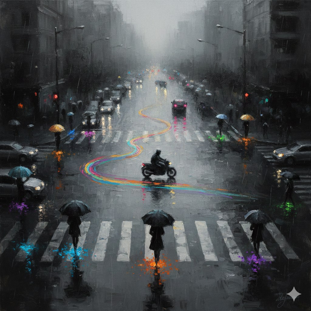 雨夜都市中那一抹孤独的印象派光影 AI image prompt example