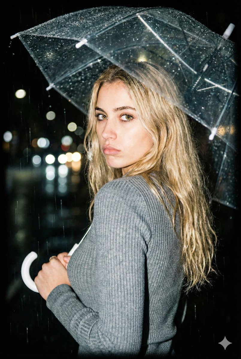 雨夜闪光灯下撑伞回眸的金发少女 AI image prompt result