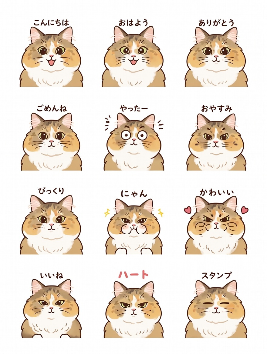 十二款带文字的猫咪角色表情包合集 AI image prompt example