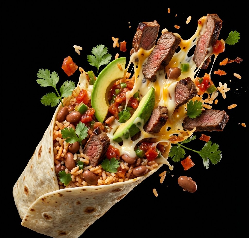 极具视觉冲击的爆炸式美食海报 AI image prompt example