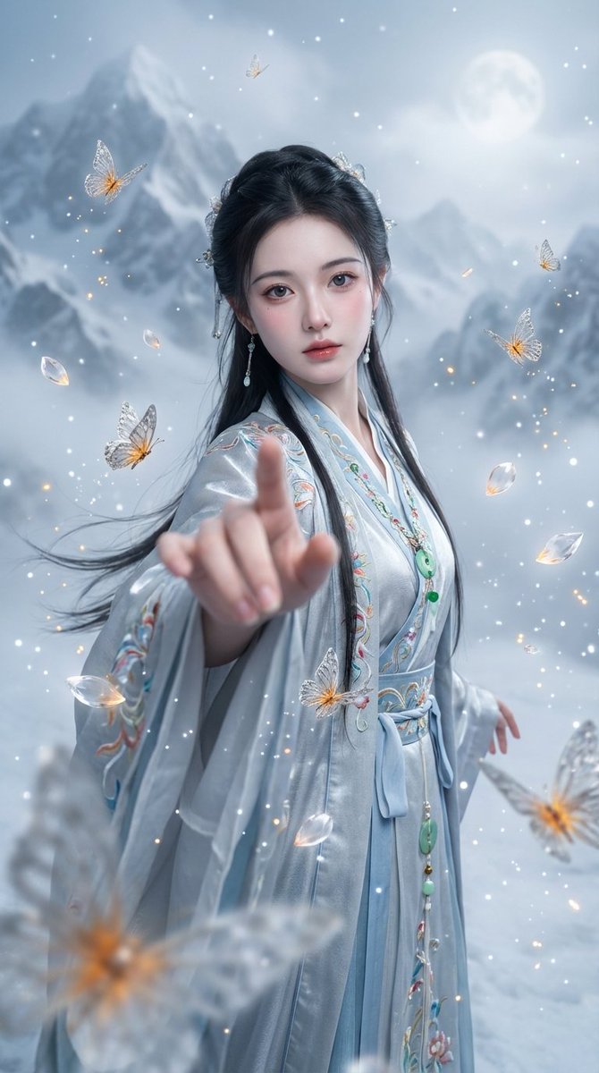 银蓝汉服绝美仙姿伸手互动与灵蝶共舞 AI image prompt example