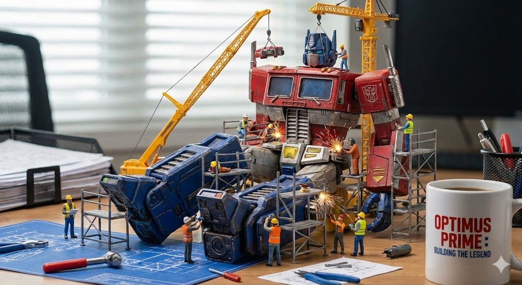 视觉震撼:微型施工队搭建产品的超写实创意大片 AI image prompt example