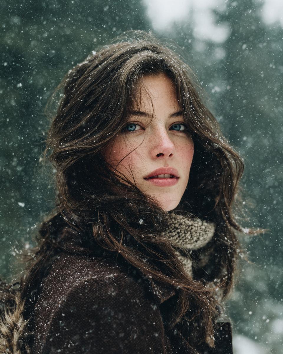 漫天飞雪中回眸的电影感森林少女 AI image prompt example