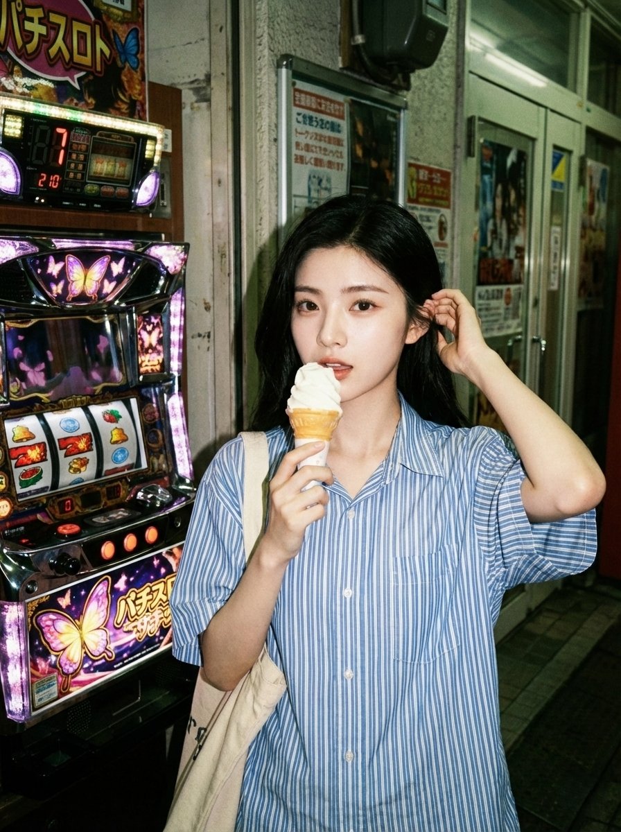 复古胶片感街机厅吃冰淇淋的少女 AI image prompt example