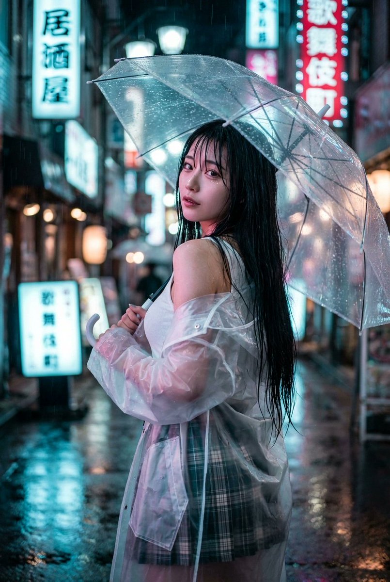 霓虹雨夜涩谷街头的回眸绝美少女 AI image prompt result