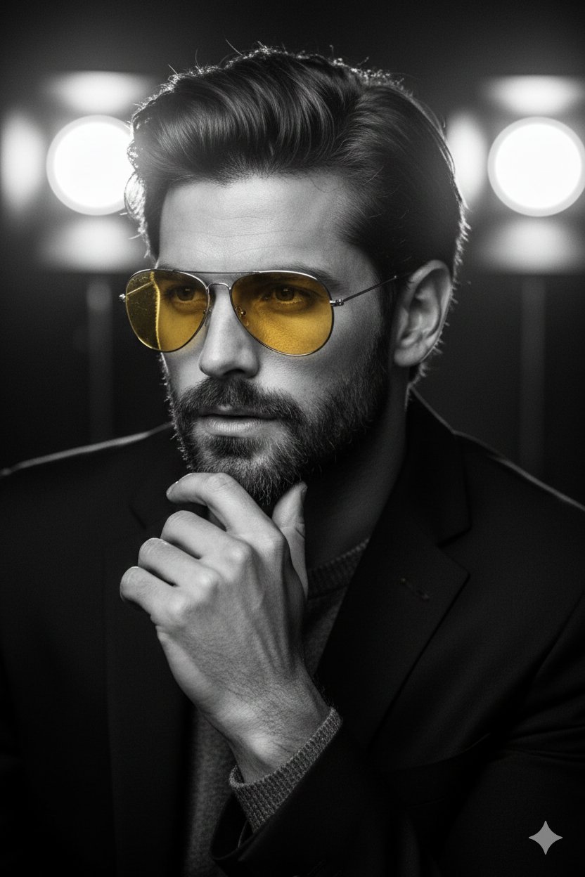 Film-noir portrait with amber sunglasses: GPT Image 2 prompt AI image prompt result