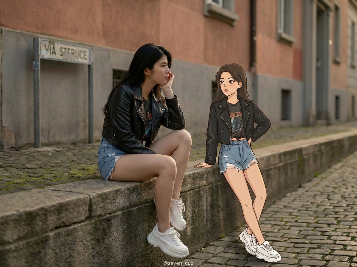 真人与手绘卡通共舞的复古街头肖像 AI image prompt example