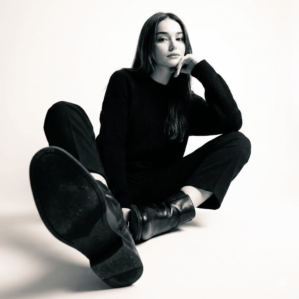 Floor-seated all-black studio portrait: GPT Image 2 prompt AI image prompt result