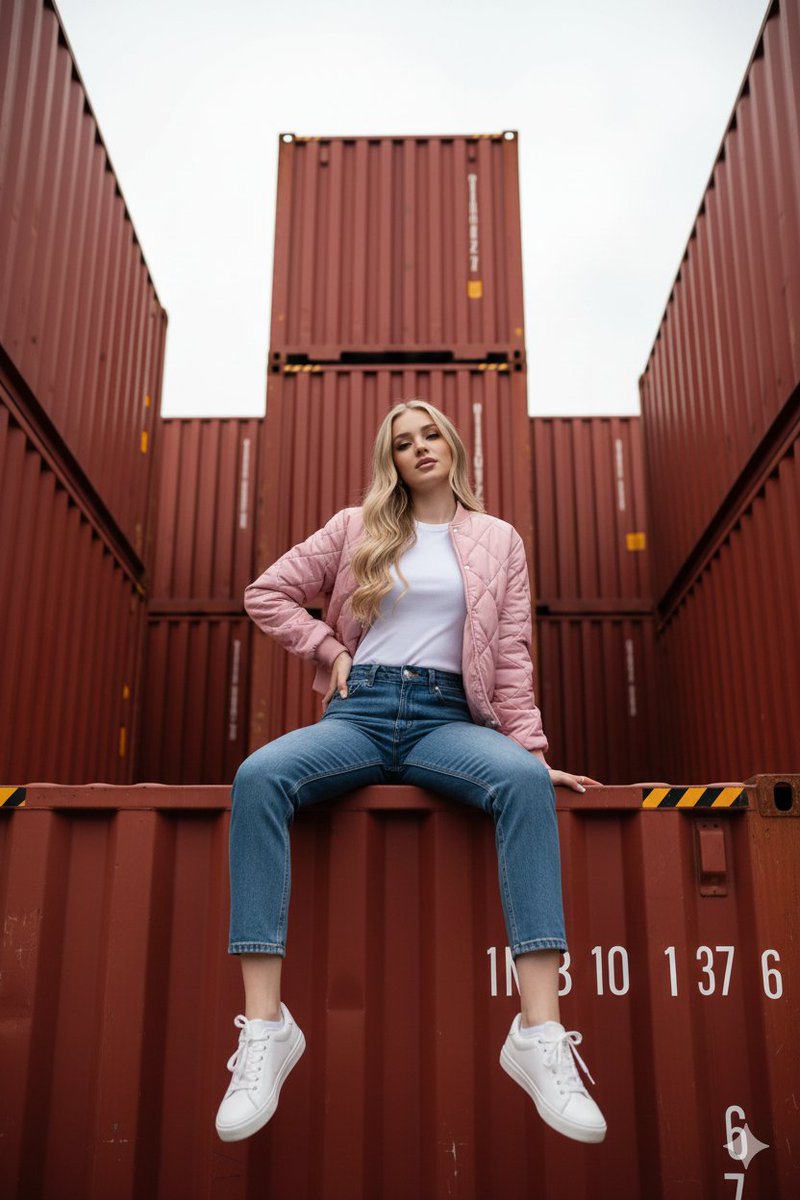 Blonde woman on red shipping container: GPT Image 2 prompt AI image prompt result
