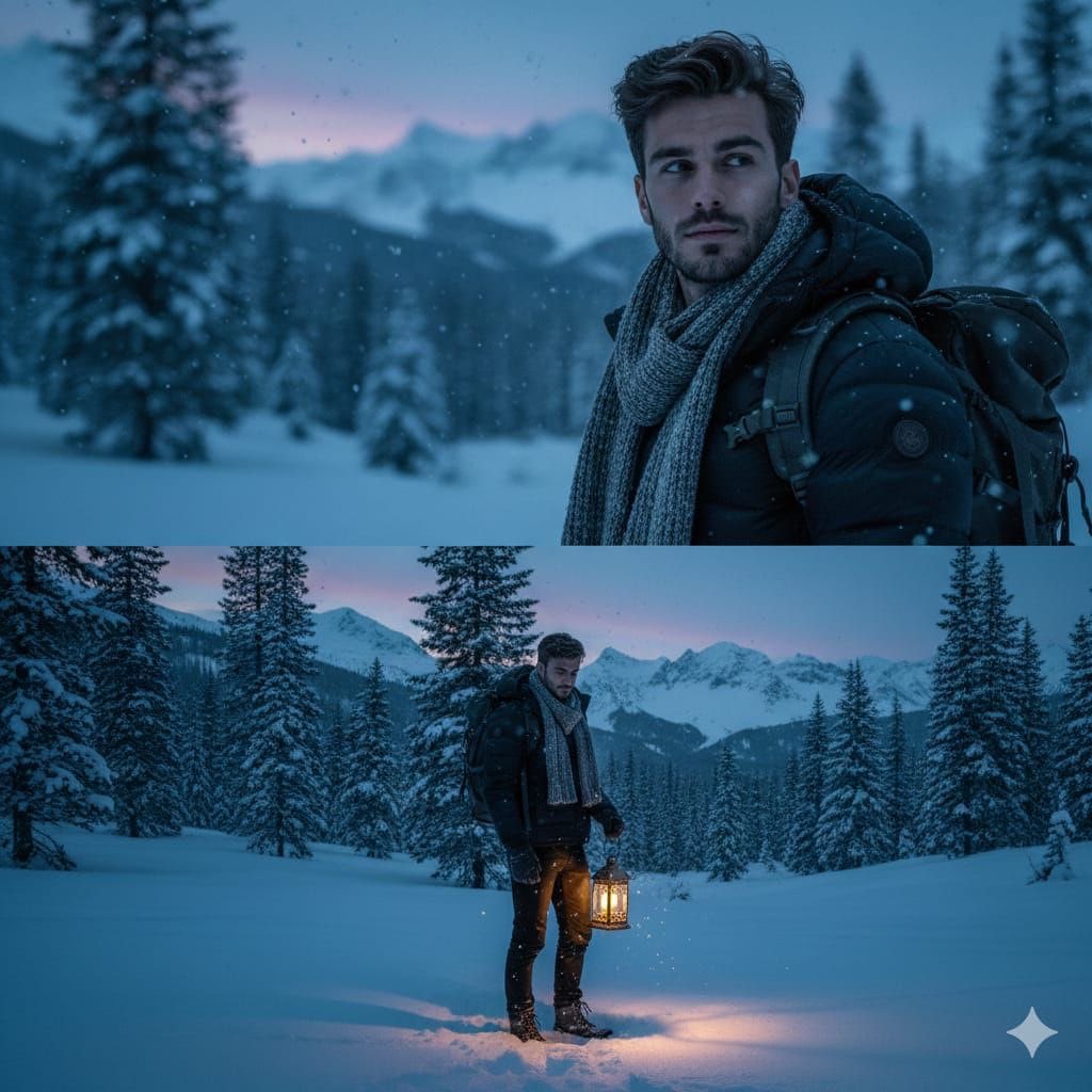 Blue hour winter forest lantern portrait: GPT Image 2 prompt AI image prompt result