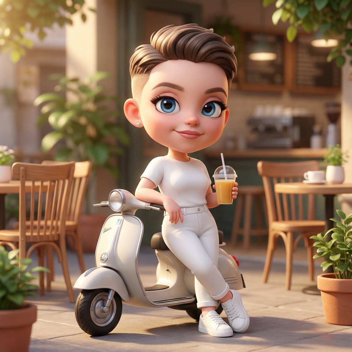 Chibi scooter cafe courtyard render: GPT Image 2 prompt AI image prompt result