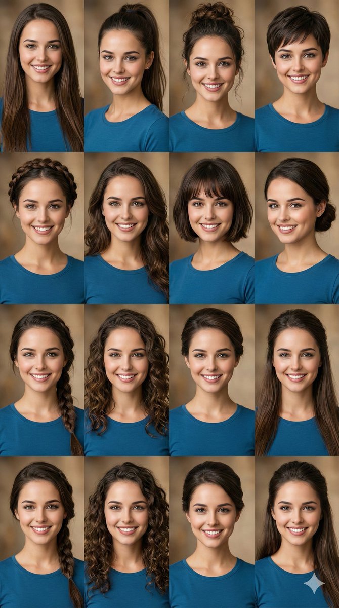 同一张脸的百变发型秀,高质量摄影拼贴 AI image prompt example