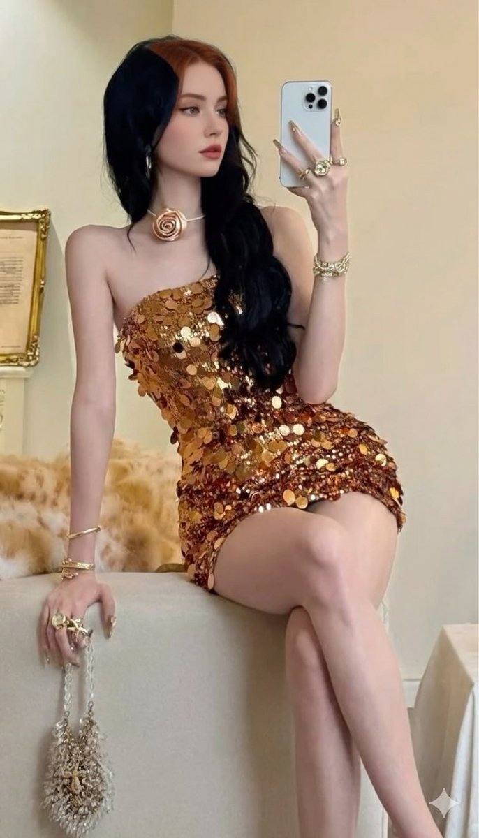 奢华玫瑰金亮片裙的绝美对镜自拍 AI image prompt result