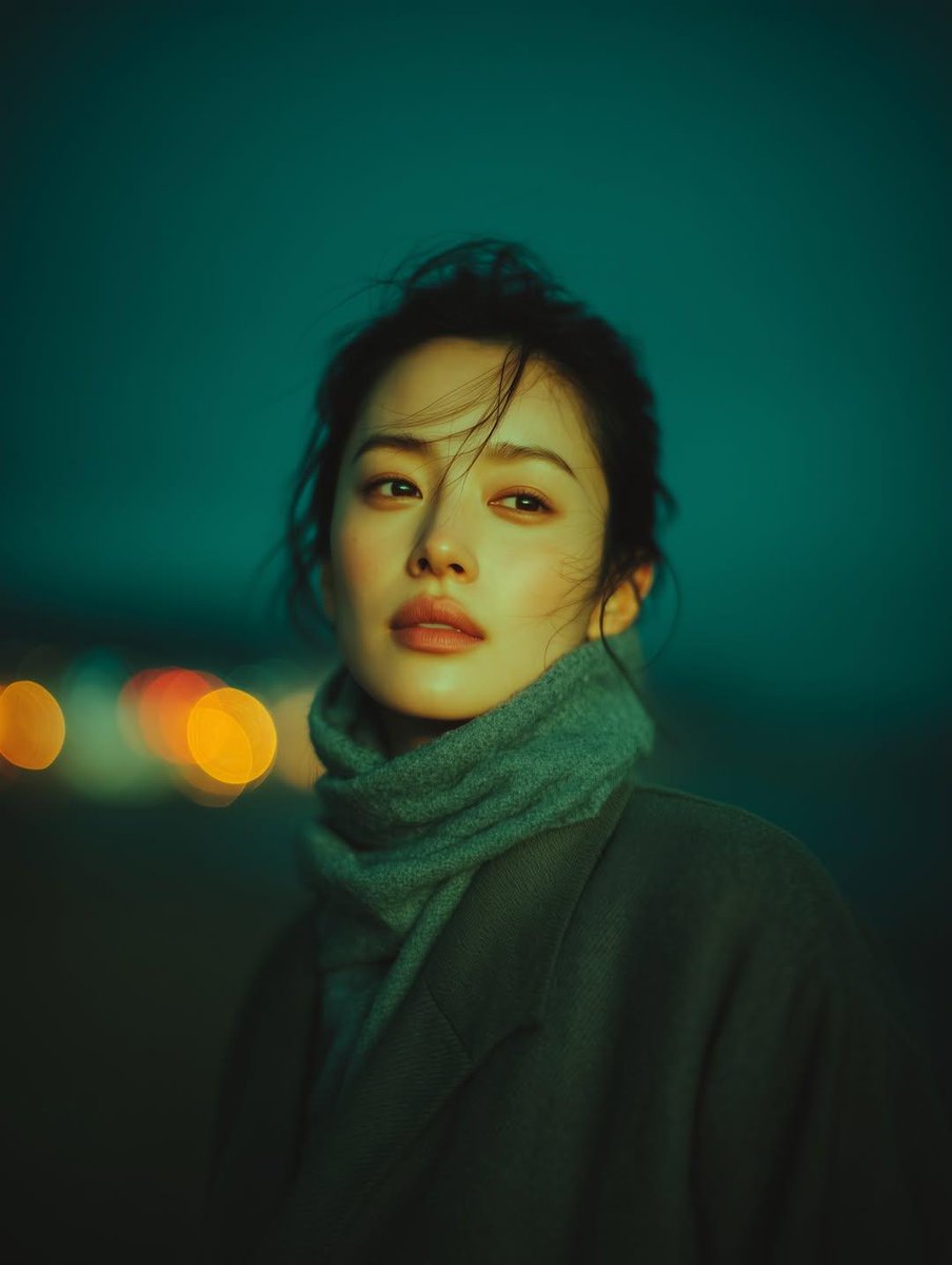 霓虹夜色下情绪感拉满的冷调写实人像 AI image prompt example