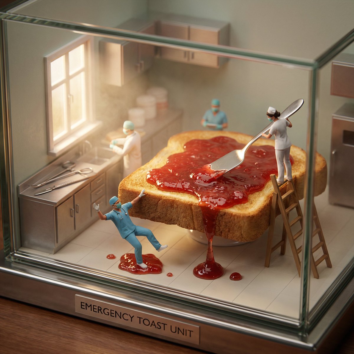 微观世界里的巨型吐司与滑倒的医生 AI image prompt example