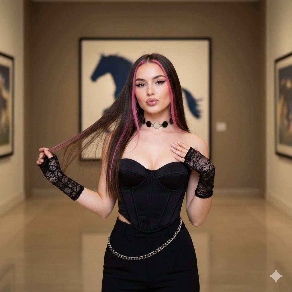 复古闪光灯下的Y2K粉发辣妹与紧身胸衣 AI image prompt result
