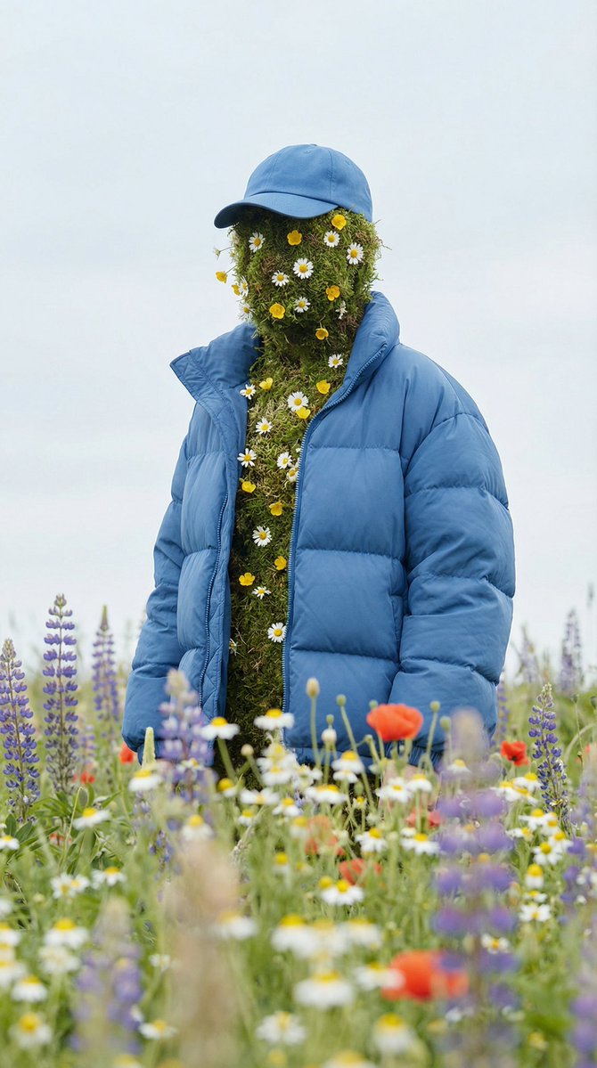 花海中身披绿植的超现实时尚大片 AI image prompt result