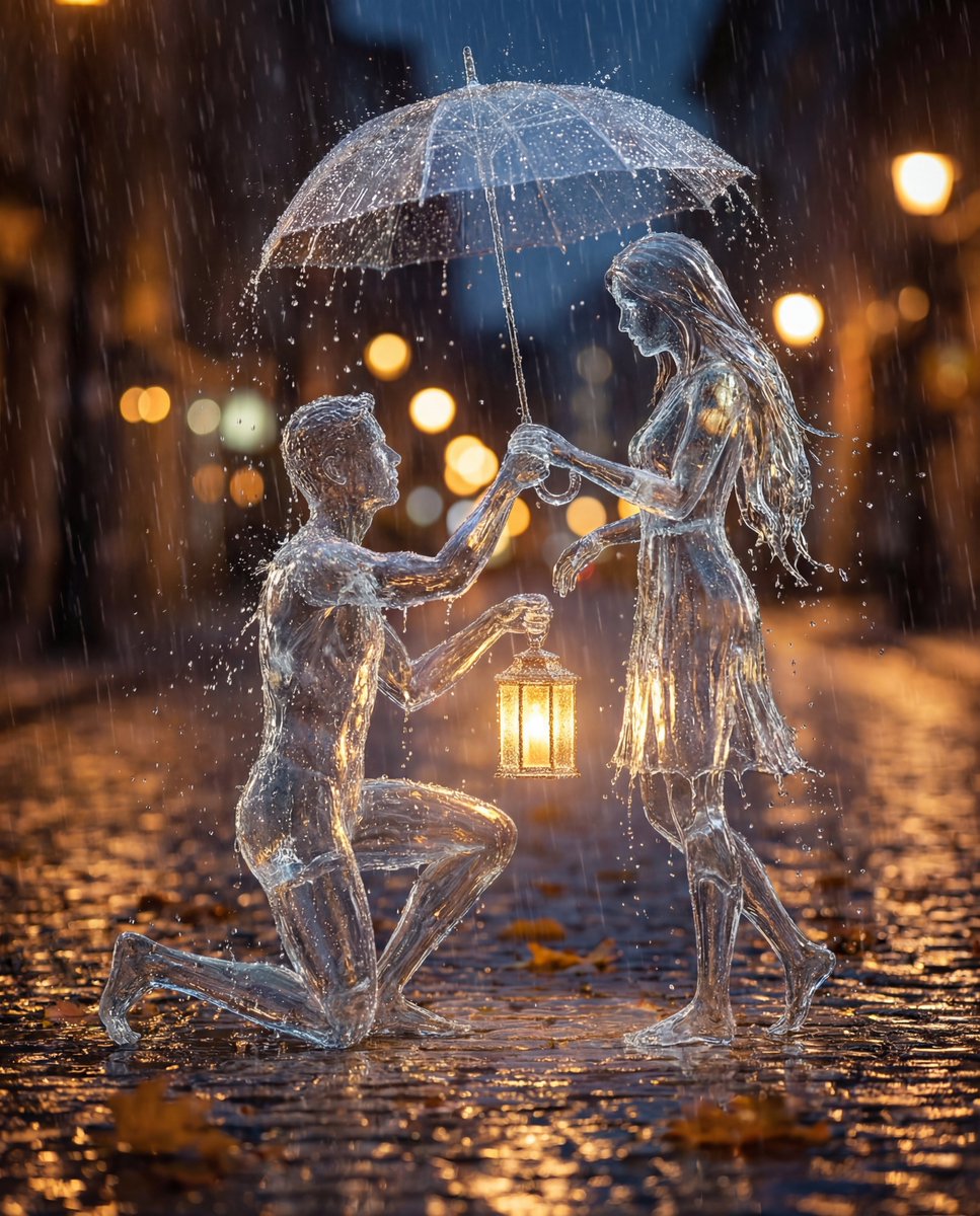 晶莹水滴凝结而成的唯美浪漫雨夜恋人 AI image prompt result