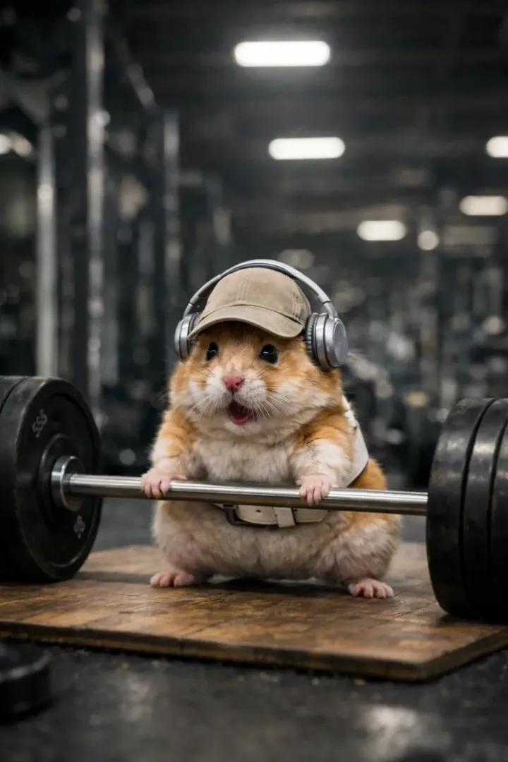 超写实电影质感仓鼠硬拉力量爆发瞬间 AI image prompt example