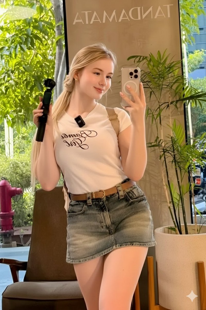 阳光咖啡馆金发女孩手持iPhone对镜超写实自拍 AI image prompt result