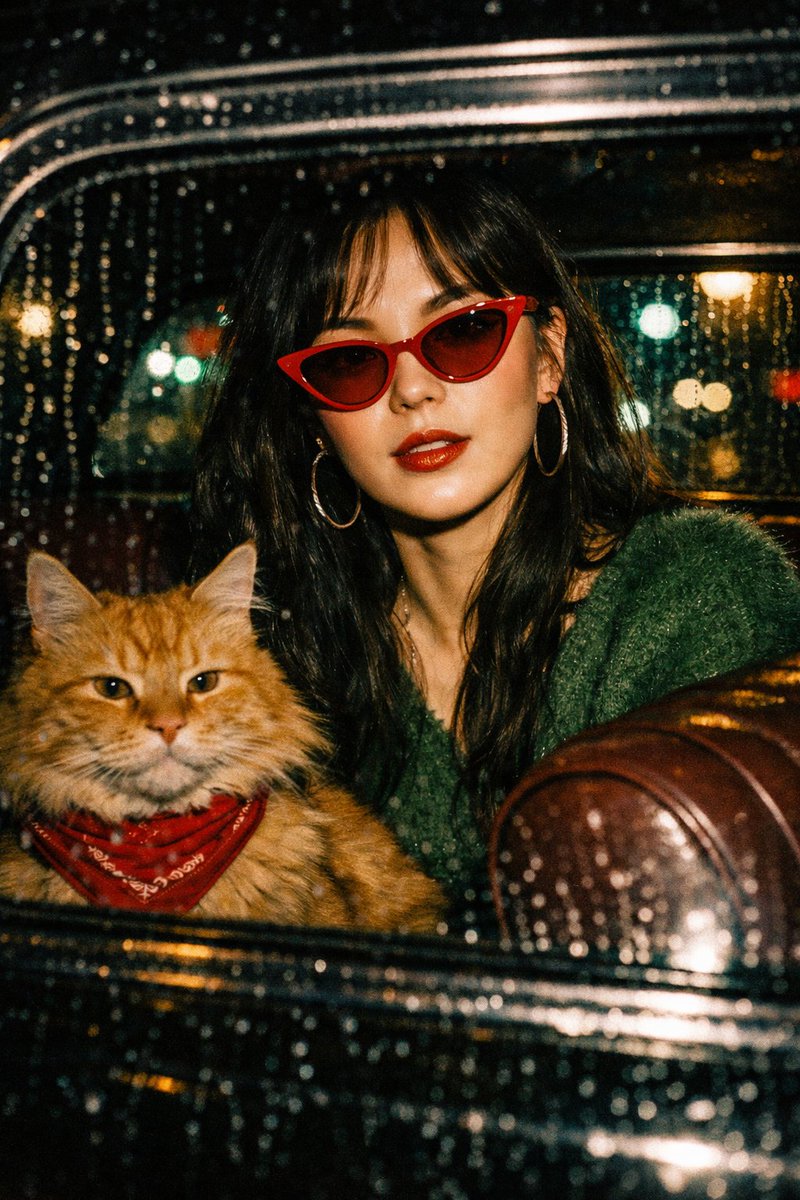 王家卫式雨夜复古女郎与橘猫的闪光灯大片 AI image prompt result