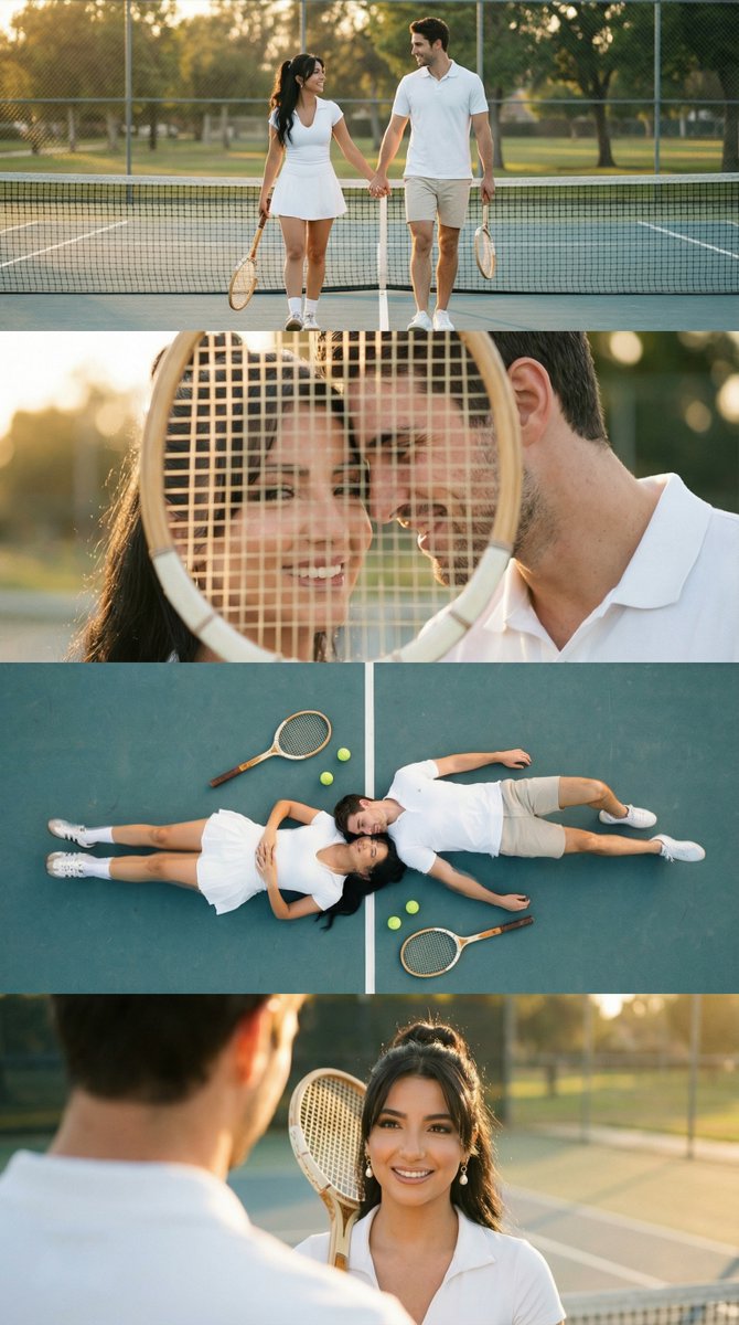 金色夕阳下的网球情侣浪漫时光四格拼贴 AI image prompt example